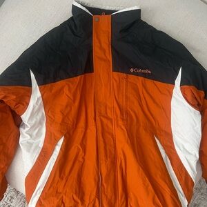 Columbia jacket size large. Orange, white and dark grey.